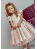 Blush Satin Feather Pearl Beaded Flower Girl Dress